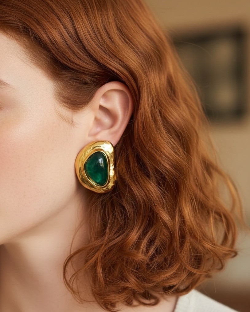 Molten Earrings Museum Modern Art Green Stud Statement Cabochon Hammered VTG