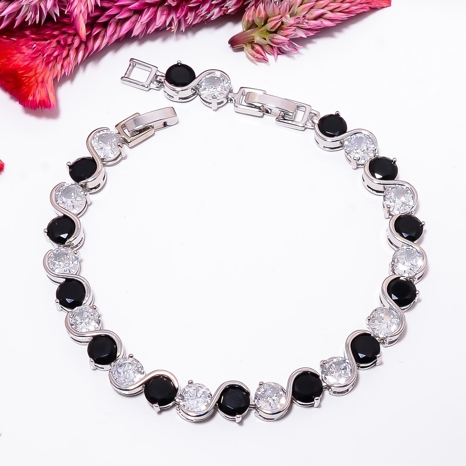 Black Onyx, White Topaz 925 Sterling Silver Tennis Bracelet B129135