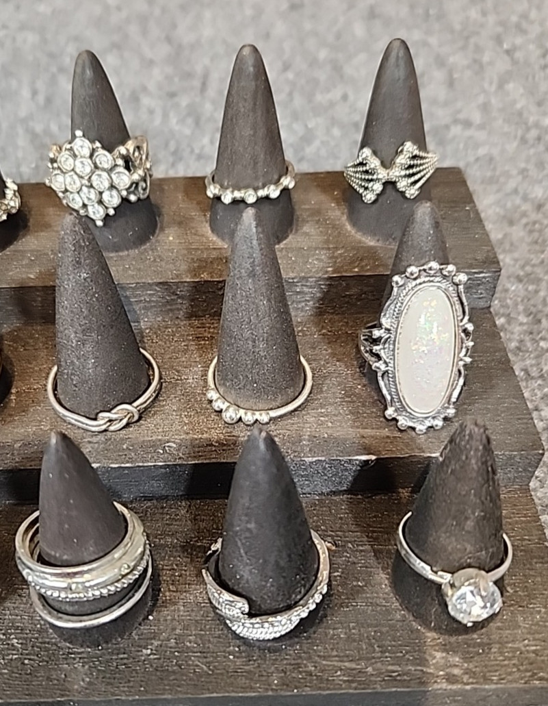 Jewelry 21 French Rings Rhinestones Sized Silver Tones Lot #175 See Description