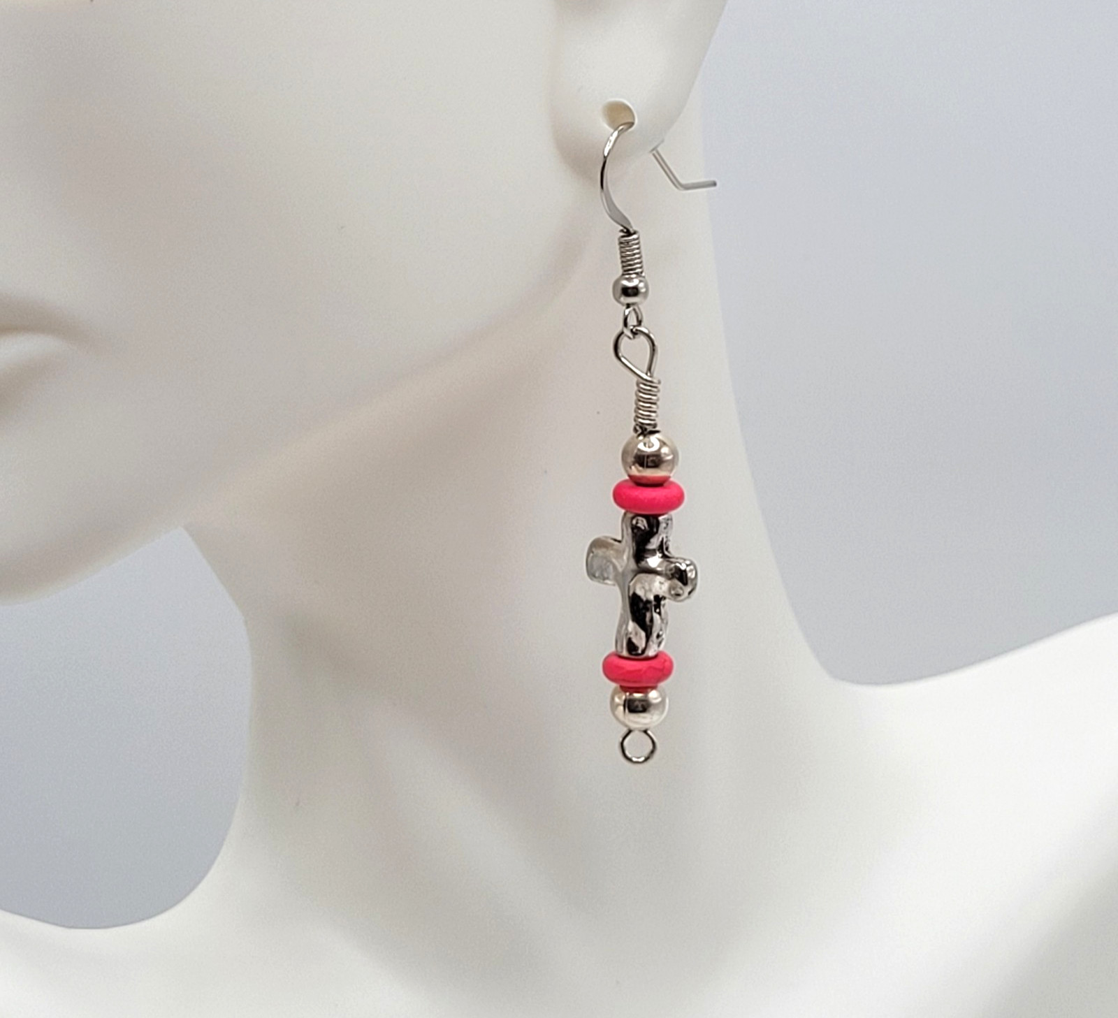 Southwestern Silver Tone Cross w Pink Ceramic Bead Metal Hook Pierced Earrings