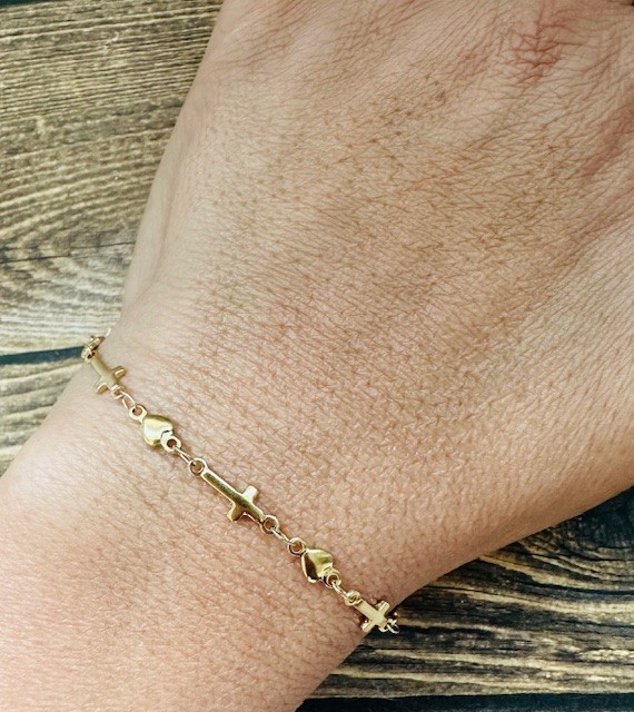 Gold Plated Dainty Chain Cross Heart Bracelet 6″ 7″ 8″ Nickel Free Non Tarnish