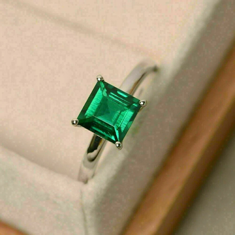 2.50 Ct Princess Green Emerald Engagement Solitaire Ring 14K White Gold Plated