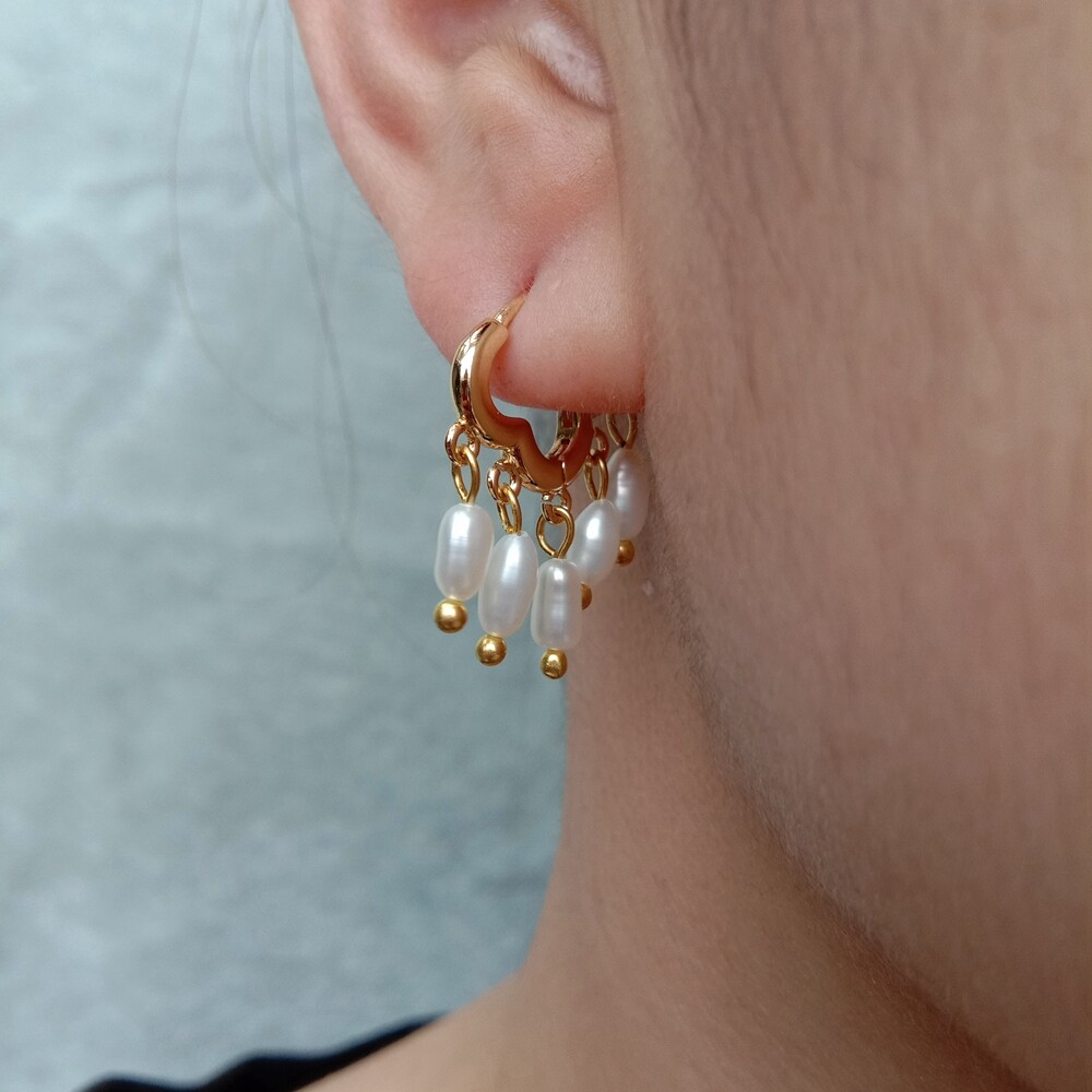 Freshwater Cultured White Rice Pearl Cloud gold plated hoop Earrings