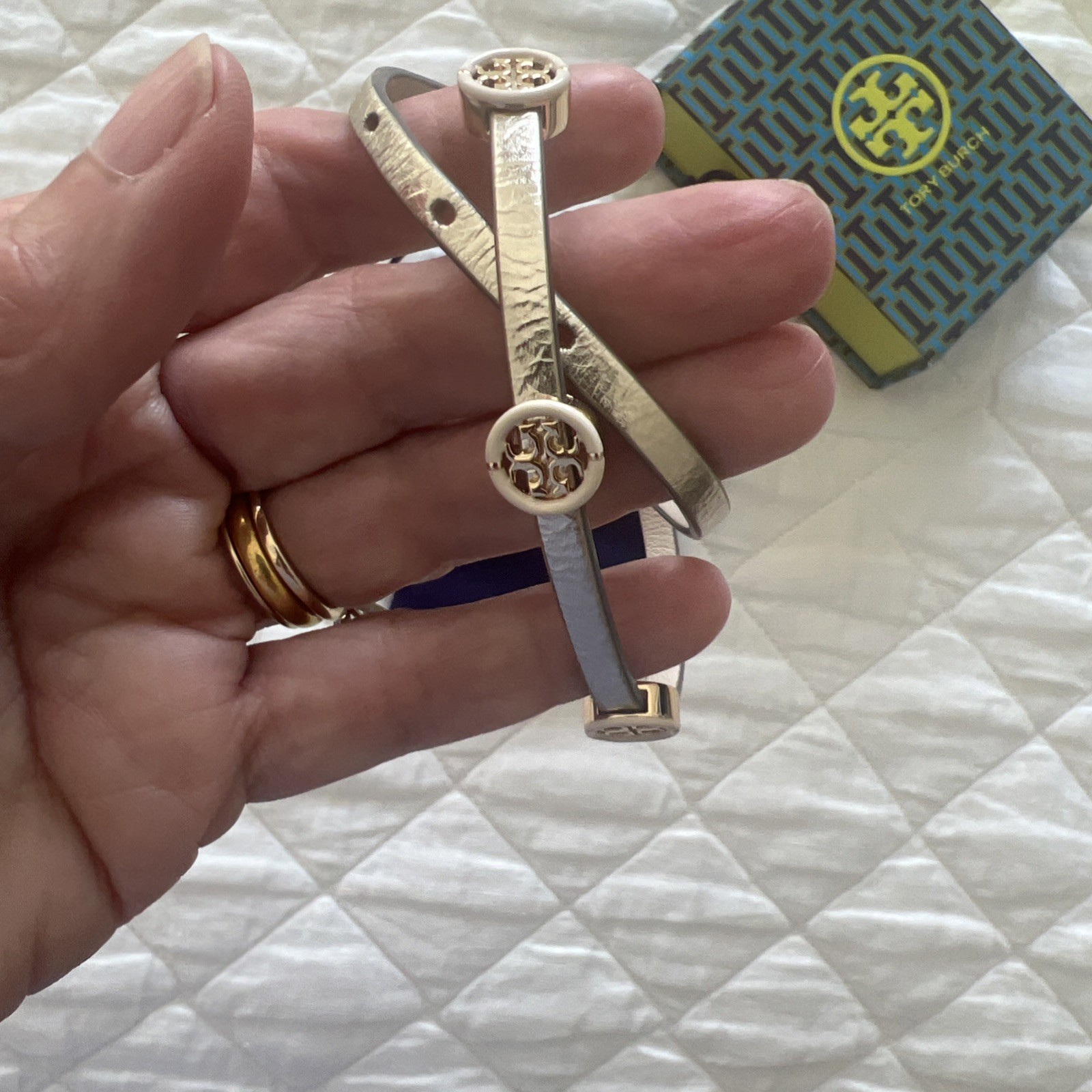Tory Burch Gold Leather Double Wrap Bracelet Gold Logo Buckle Adjustable
