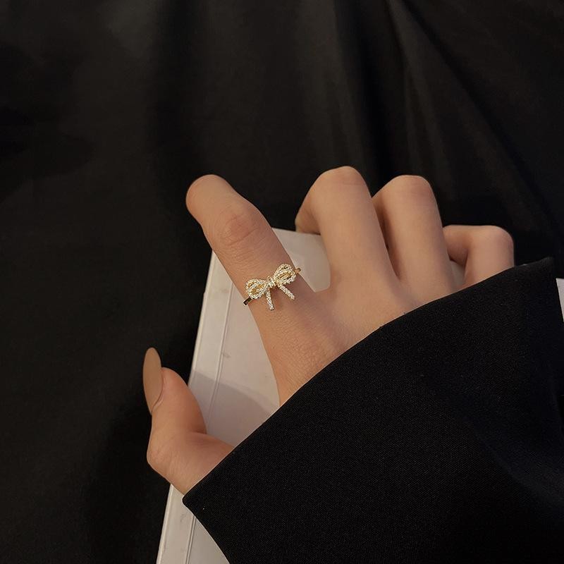 Minimalist Bow Knot Open Ring Crystal Zirconia Gold Silver Color for Women Gift