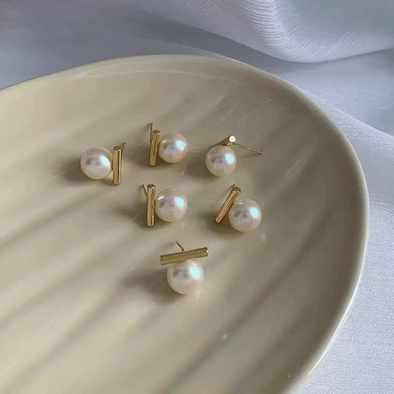Simple Imitation Pearl Stud Earrings Gold Color Alloy Acrylic Beads Earring for