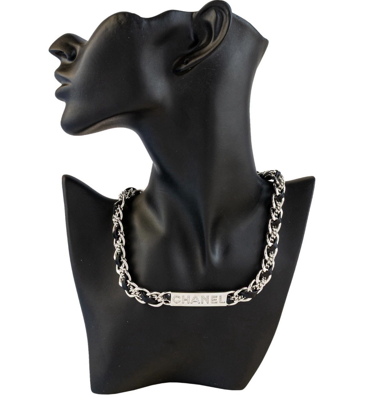 Chanel Necklace Black Leather Chain Crystal CC Choker 26C Authentic W/Box NWT