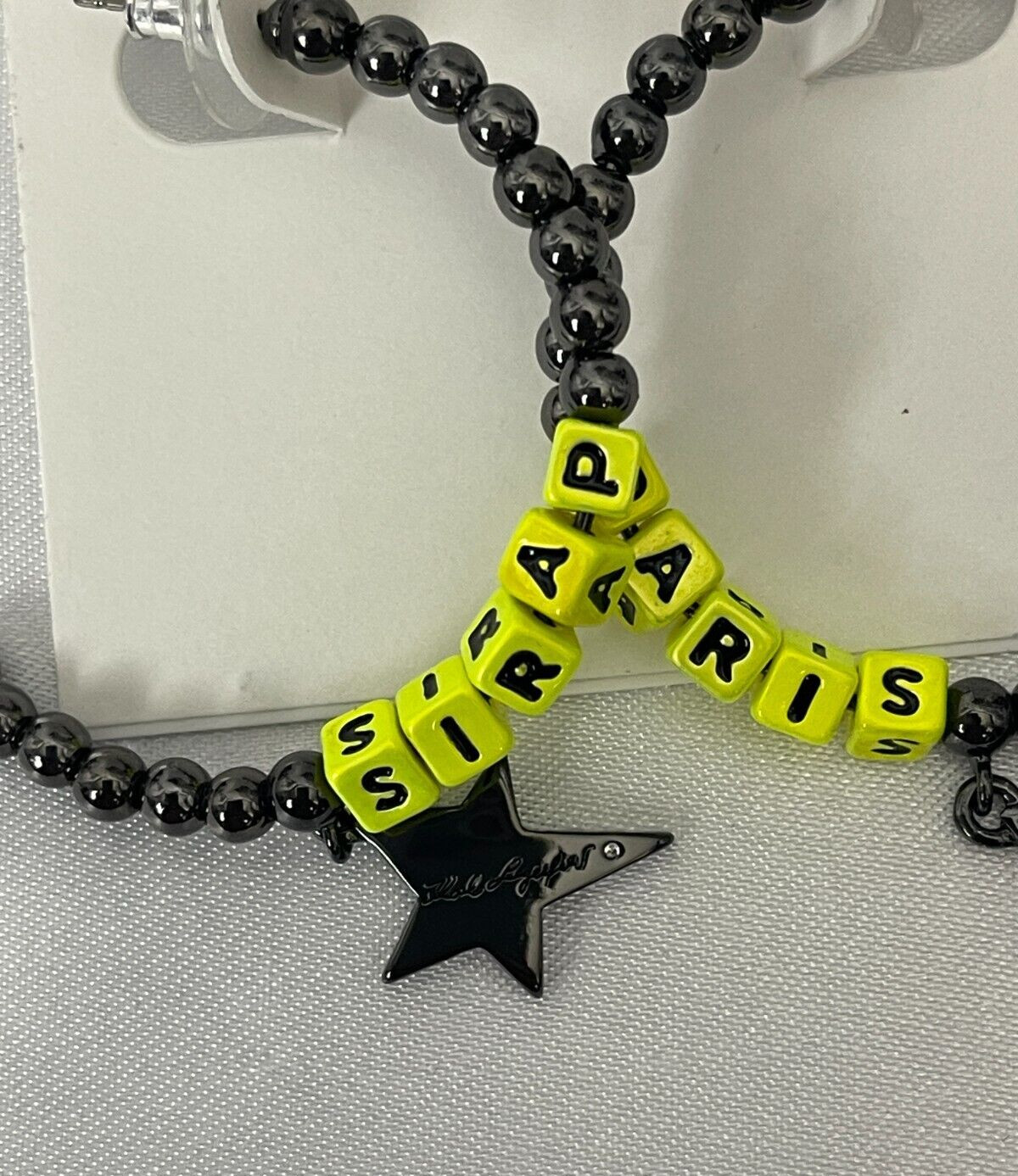Karl Lagerfeld Logo Black Beaded Star Chartreuse Paris Letters C-Hoop Earrings