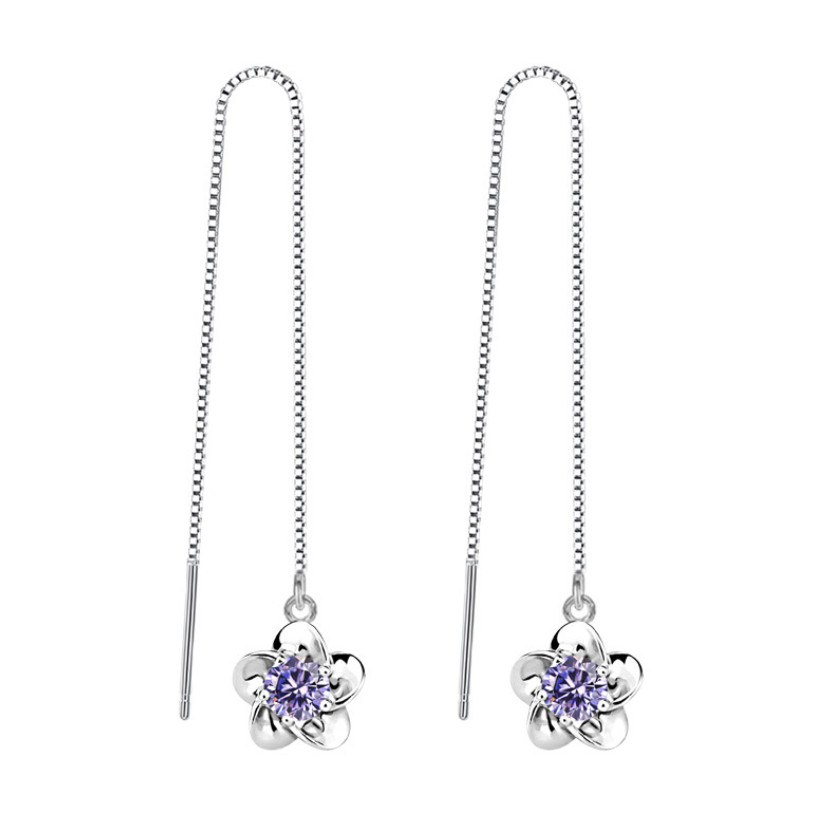 925 Sterling Silver Plated Plumeria CZ Flower Tassel Pull Threader Earrings TH1