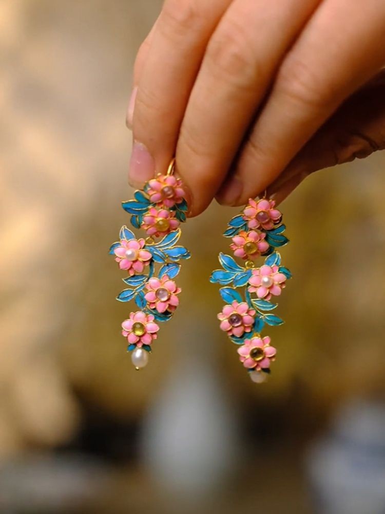 Chinese Style Filigree Enamel Flower Earrings Pearl Tassel Vintage Jewelry