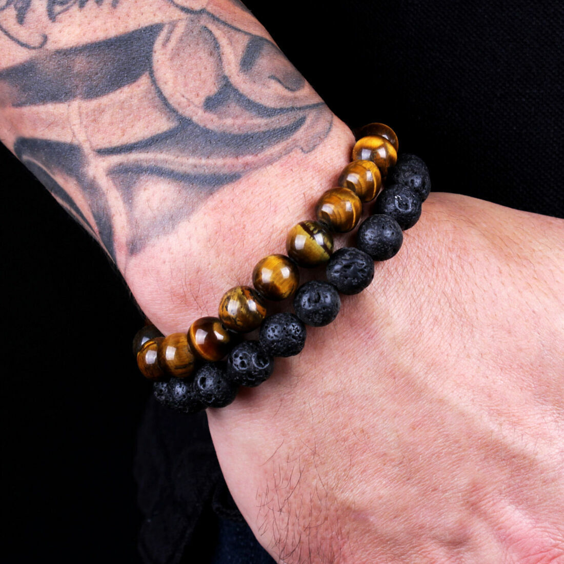 Men Bracelet Classic Lava Rock Tiger Eye Gem Stone Beaded Healing Boyfriend-2PCS