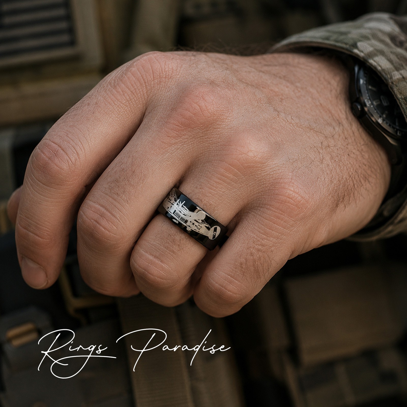 B-24 Airplane Tungsten Wedding Band with WWII Aviation Engraving – 8mm 10mm 12mm