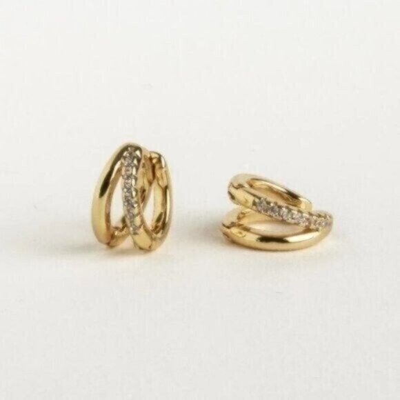 Everyday Huggie Earrings Double Huggies Gold CZ Pave Dainty Small Gold Hoops