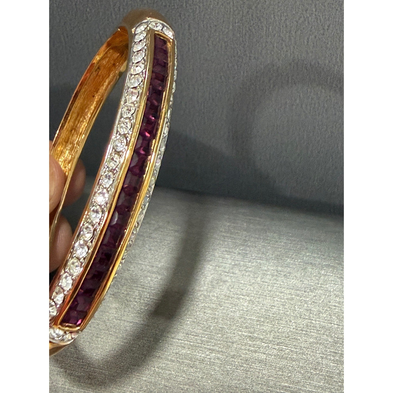 Vintage Purple Clear Crystal Hinged Bangle Bracelet Rhinestone Pave Gold Tone