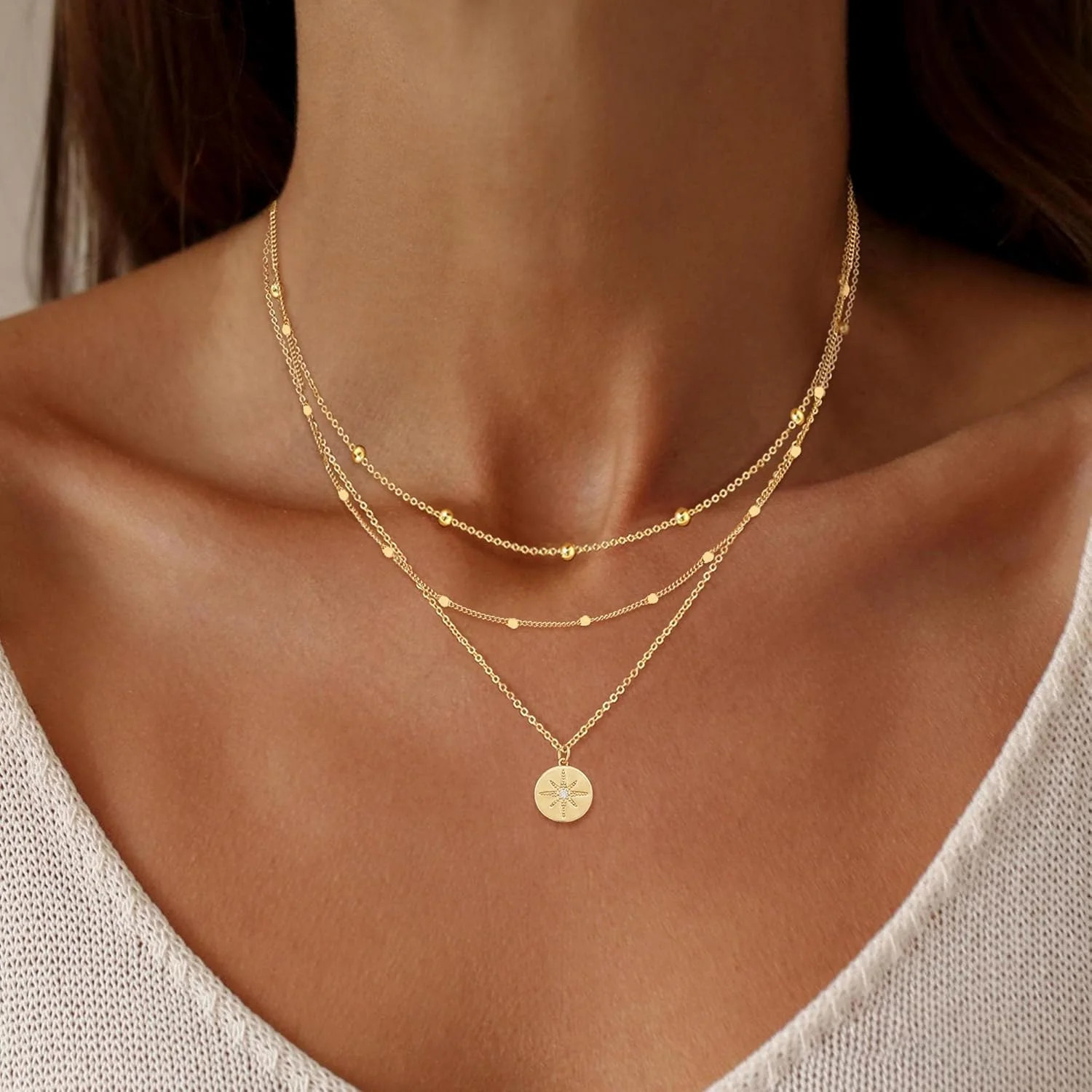 Layered Necklaces for Women, Dainty 14K Gold Plated Circle Peadant Chain Necklac