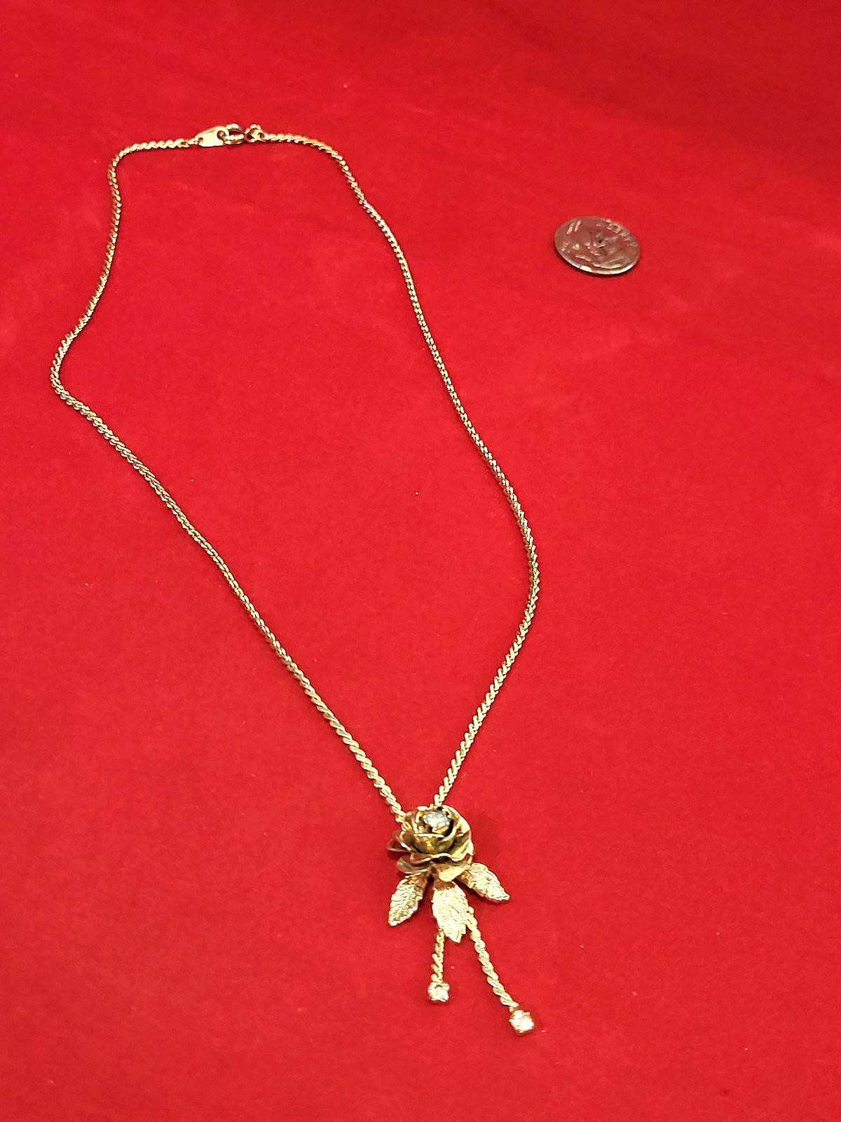 Pretty Fashion Goldtone Necklace with Rhinestone Accented Rose on 16″ Chain