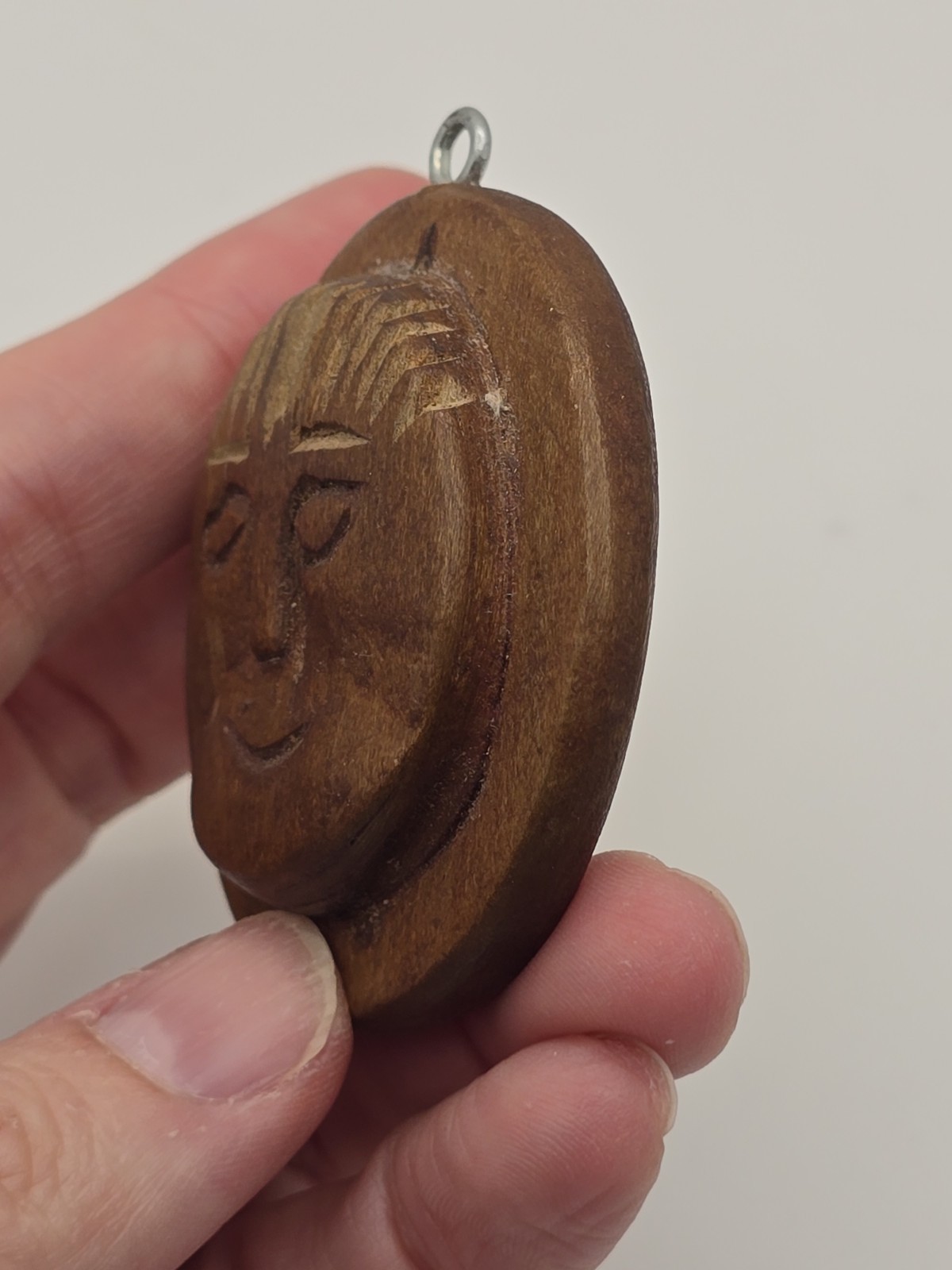 Vintage Handmade Folk Art Carved Wood Relief Wooden Moon Face Necklace Pendant