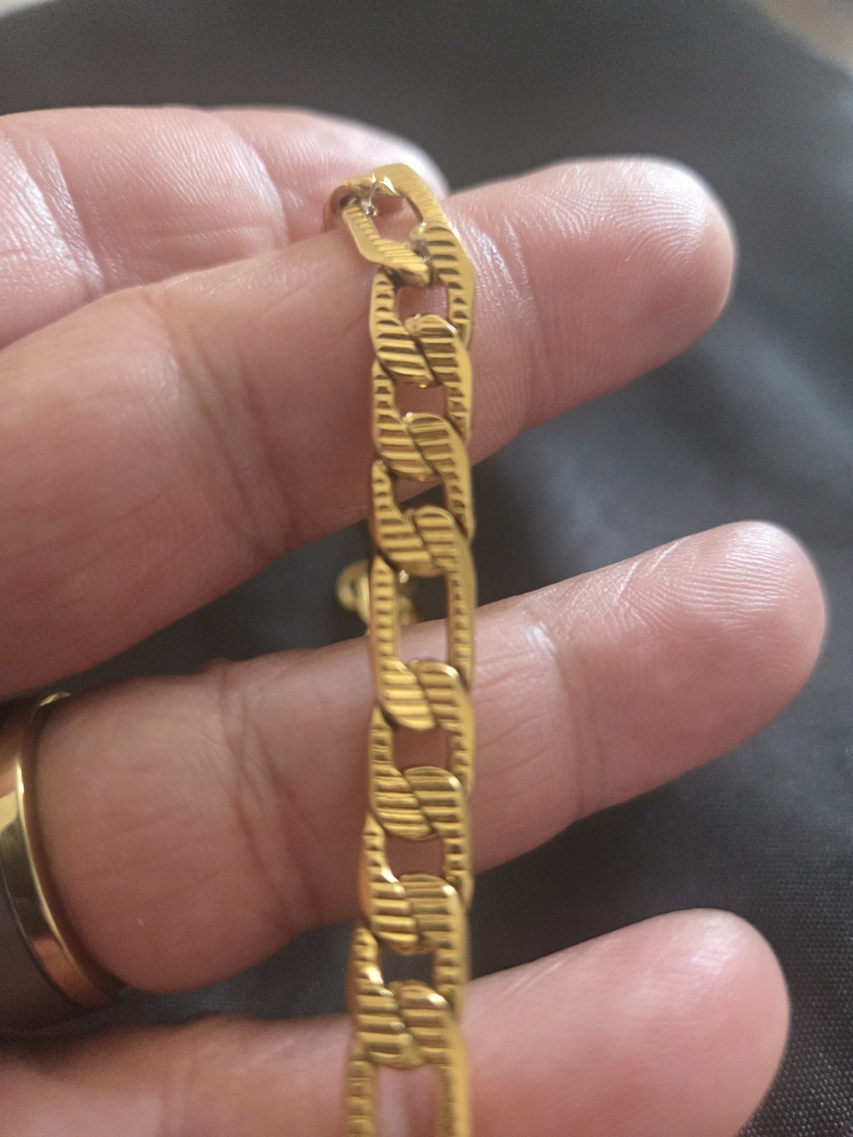Gold Tone Figaro Chain Bracelet with Lobster Clasp, No Stone