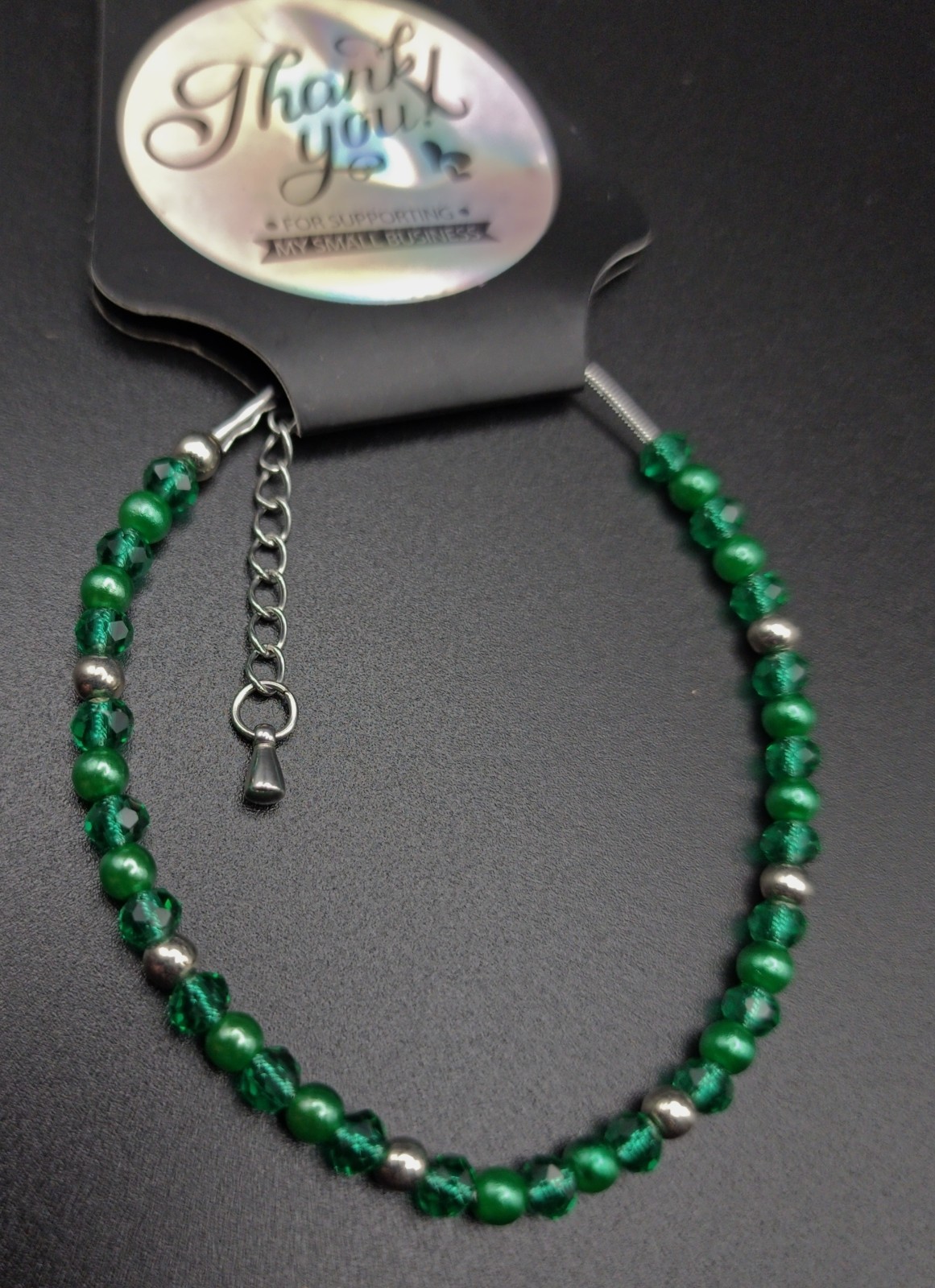 Green & Silver Beaded Bracelet Round Glass Beads Lobster Clasp Adjustable Size