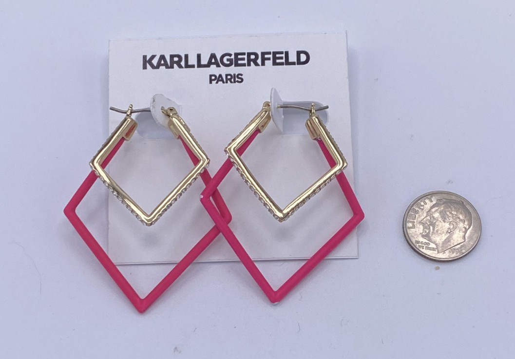 Karl Lagerfeld Paris Gold Tone / Pink Geometric Nested Hoop Earrings 2″ New