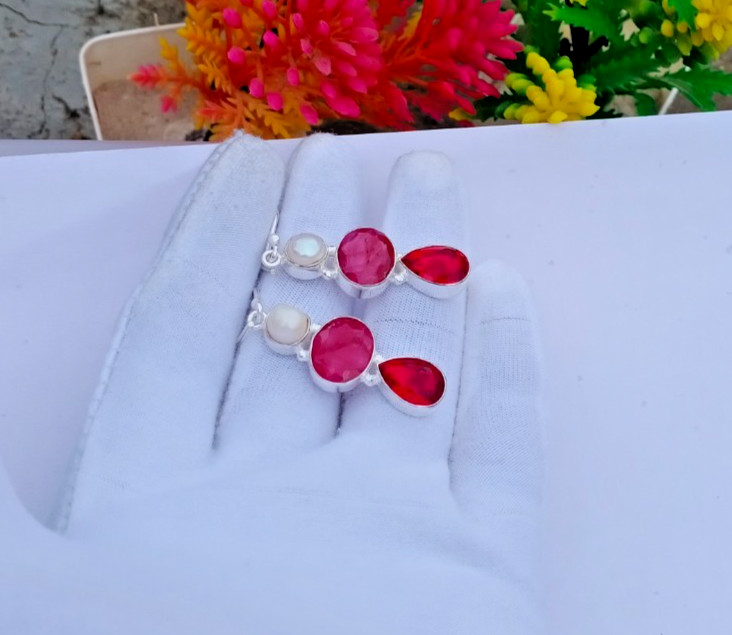 Ruby, Pearl, garnet Handmade Earring |925 Silver Earring Gemstone Jewelry