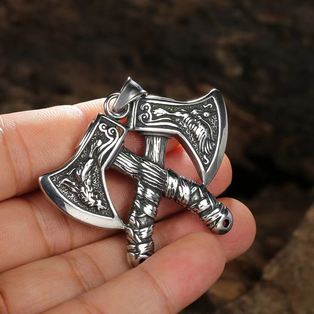 Silver Norse Viking Double Wolf Raven Axe Pendant Necklace Chain Men’s Jewelry