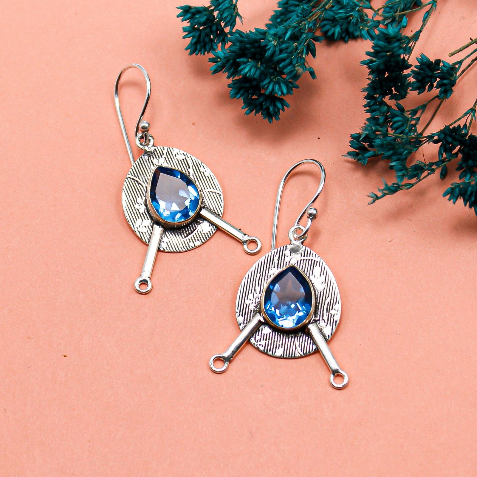 Swiss Blue Topaz Gemstone Earrings 925 Silver Handmade Jewelry 1.86″ For Mother