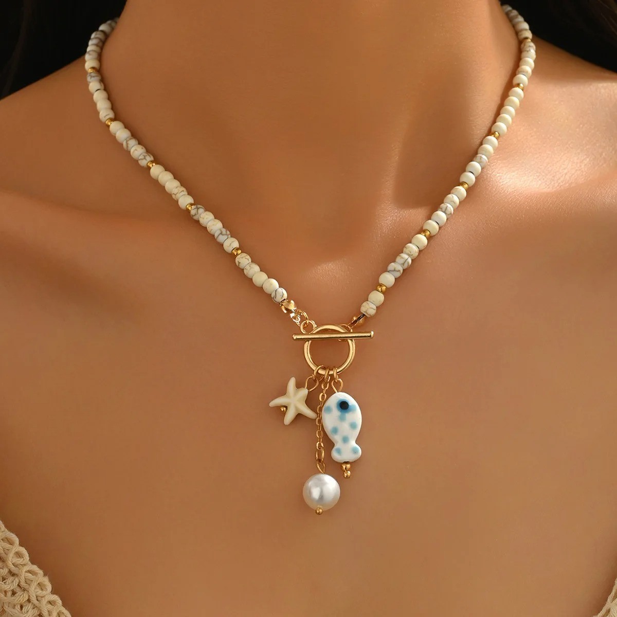 Boho Starfish beach Necklace Handmade Beaded Pearl Ceramic Fish Pendant Women