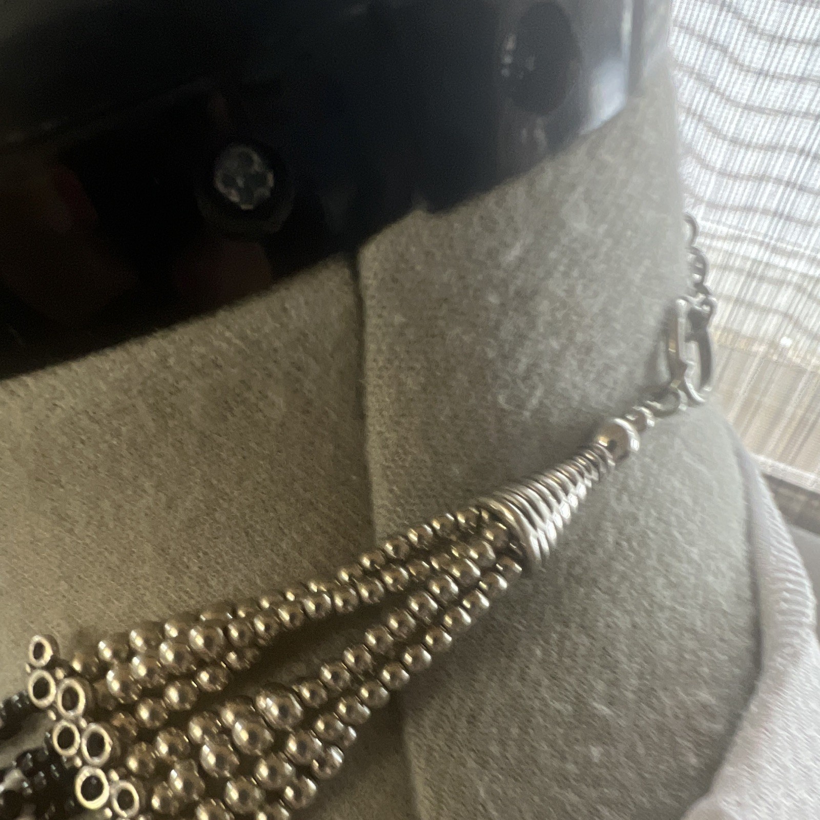 Black & White Beaded Statement Bib Necklace, Silver Tone Cable Chain, Adjustable
