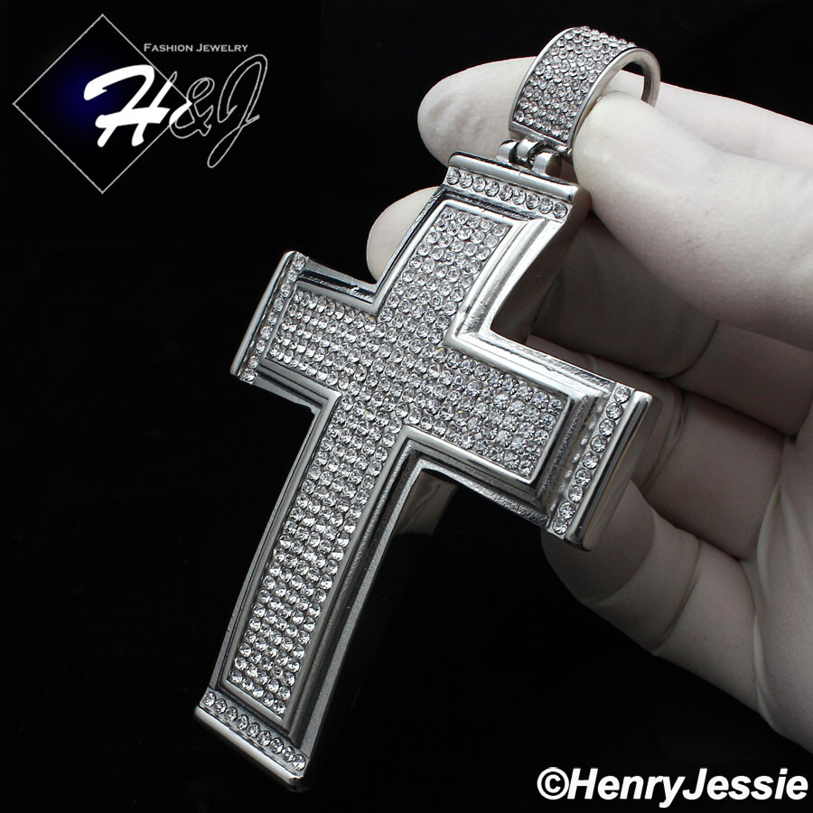 18″-40″MEN Stainless Steel 9mm Silver Cuban Curb Chain BIG CZ Cross Pendant*IP20