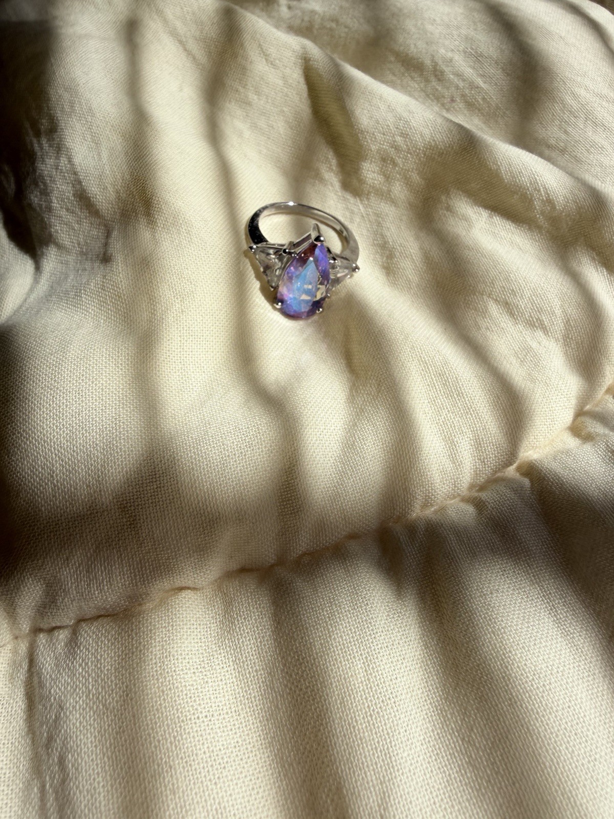 Silver Cocktail Ring Size 9.5 Oval Purple Stone Prong Set Clear Accents