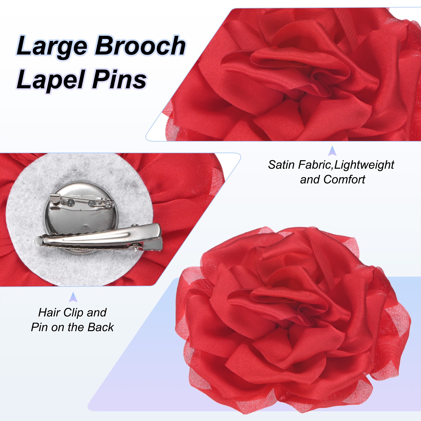 Rose Flower Brooches Pins Hair Fasteners Fabric for Women [10cm, Red]