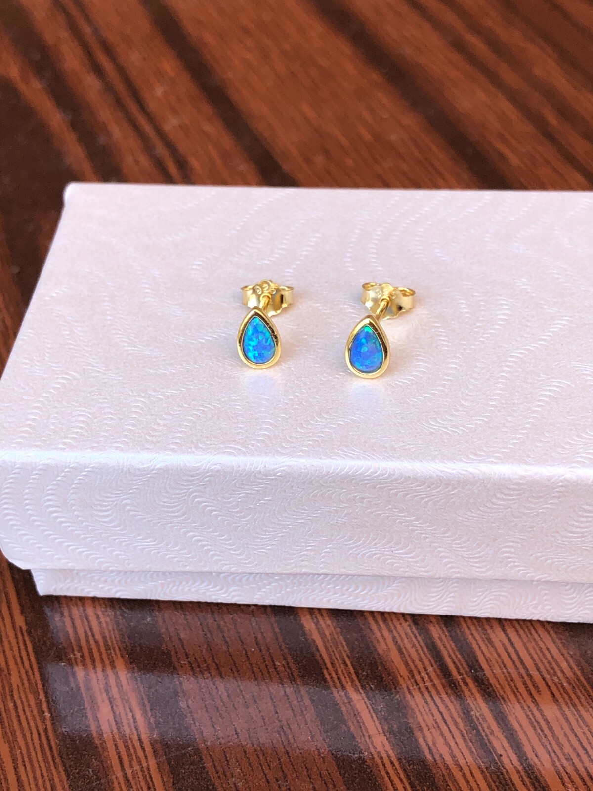 Blue Opal Teardrop Stud Earrings Sterling Silver 925 Dainty Studs Gold 5.9mm