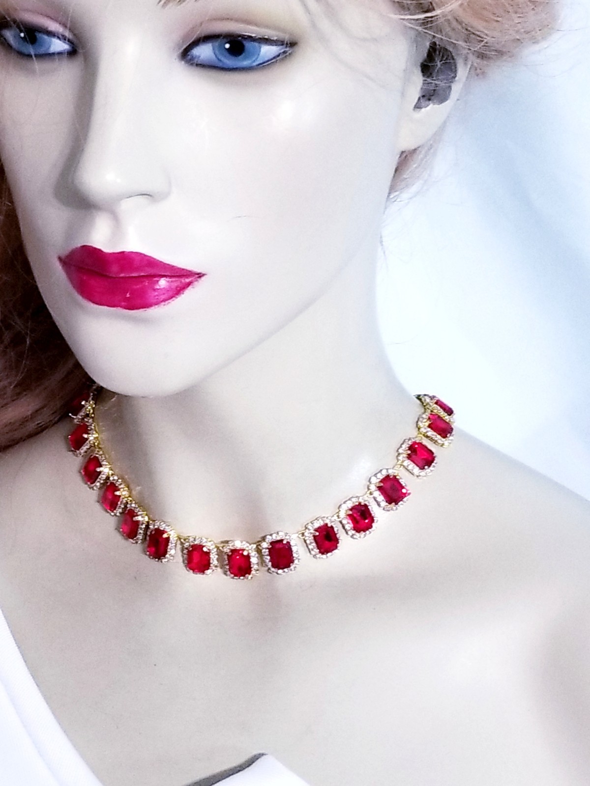 Red Statement Choker Rhinestone Necklace Bridal Prom Pageant Jewelry