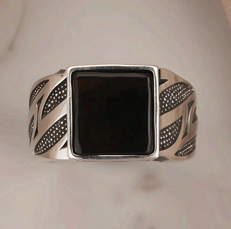Surgical Steel Black Onyx Signet Ring Mens Vintage Textured Statement Band