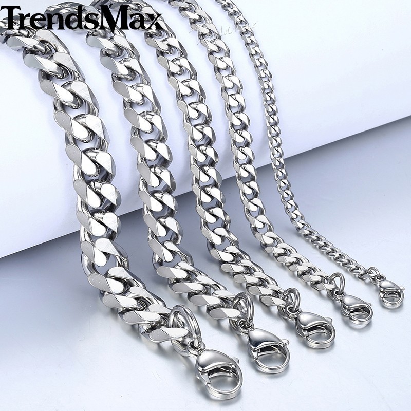 5mm-22inch Stainless Steel Silver Chain Cuban Curb Womens Mens Necklace Gifts