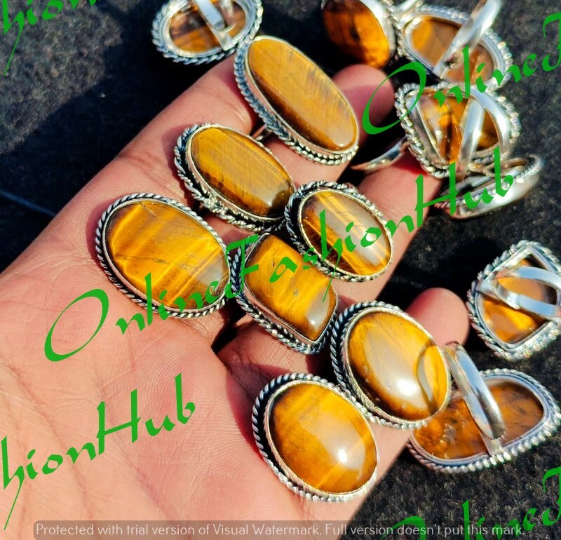 “Bulk Lot of Tiger’s Eye Gemstone Rings – 925 Sterling Silver Plated Jewelry”