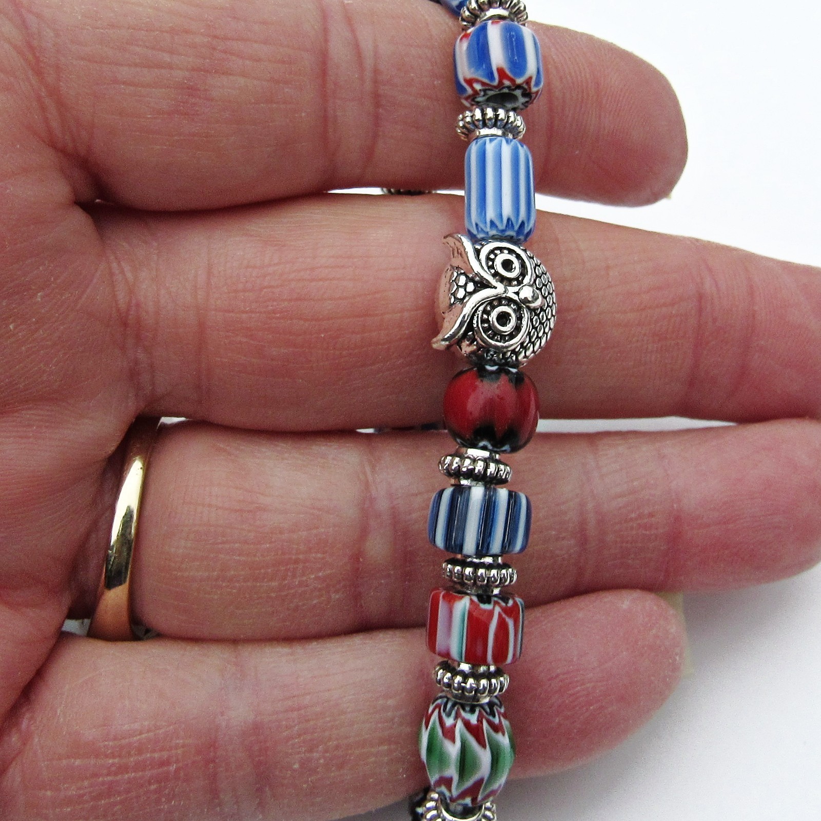 Mixed Chevron Glass Beaded Stretch Bracelet, 6 Inches, Pewter Owl, Multi Colors
