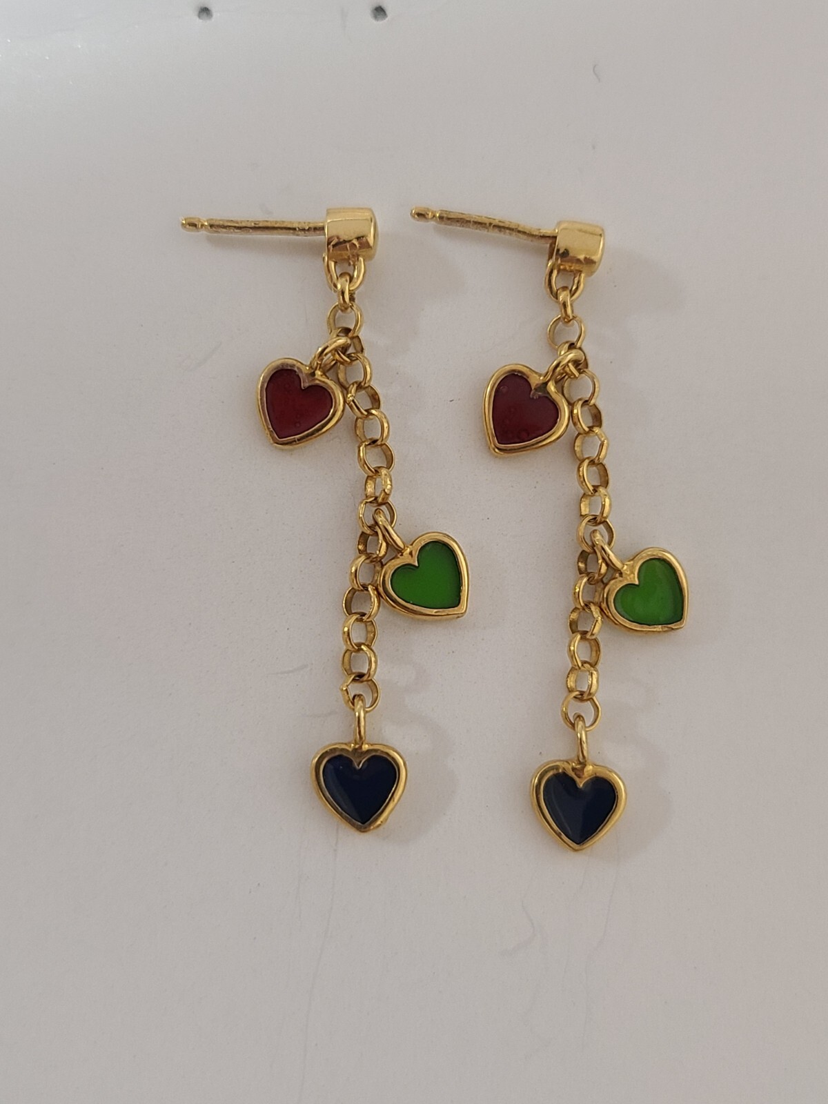 Triple Dangling Heart Earring 14k Yellow Gold Red Green Blue Enamel Hearts 38mm