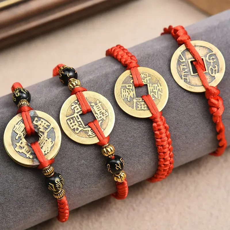 Lucky Five Emperor Money Real Copper Coin Braided Red Rope Bracelet Good Luck