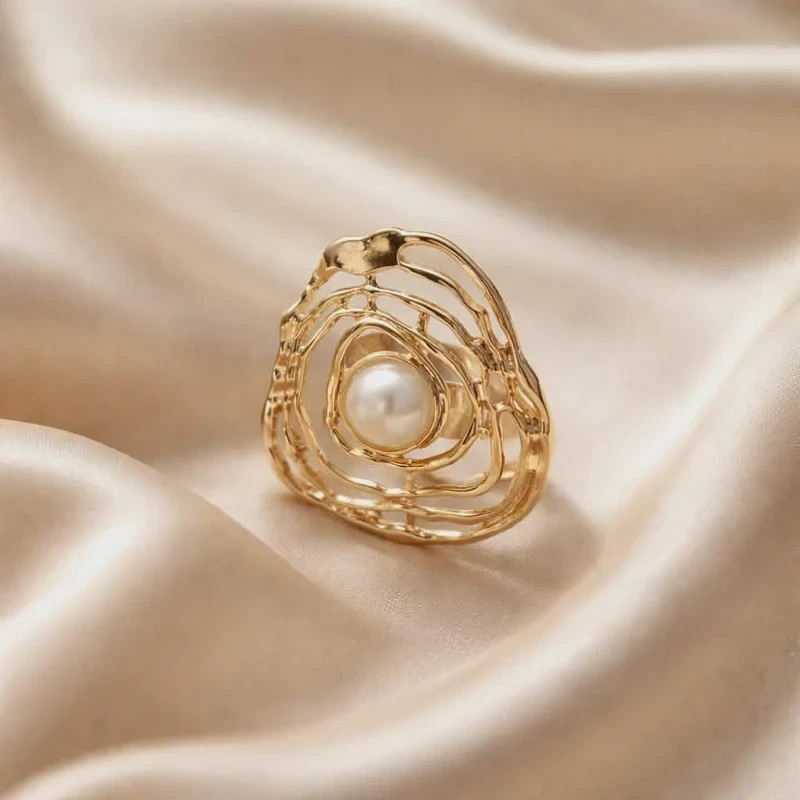 KC Gold Plated White Pearl Adjustable Ring Beauty Gift