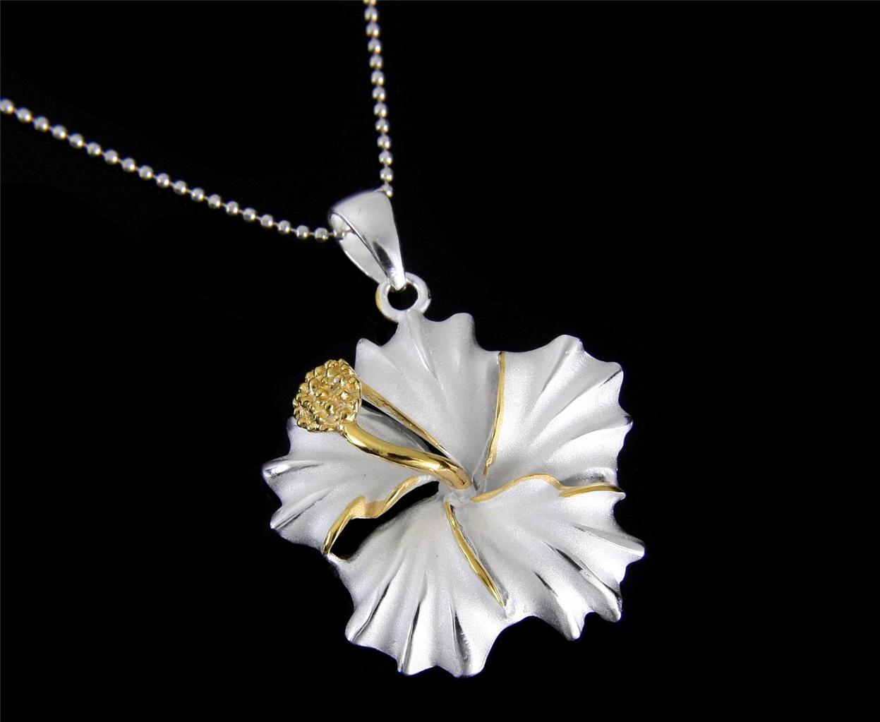 YELLOW GOLD PLATED 2TONE SILVER 925 HAWAIIAN HIBISCUS FLOWER PENDANT 12MM – 25MM