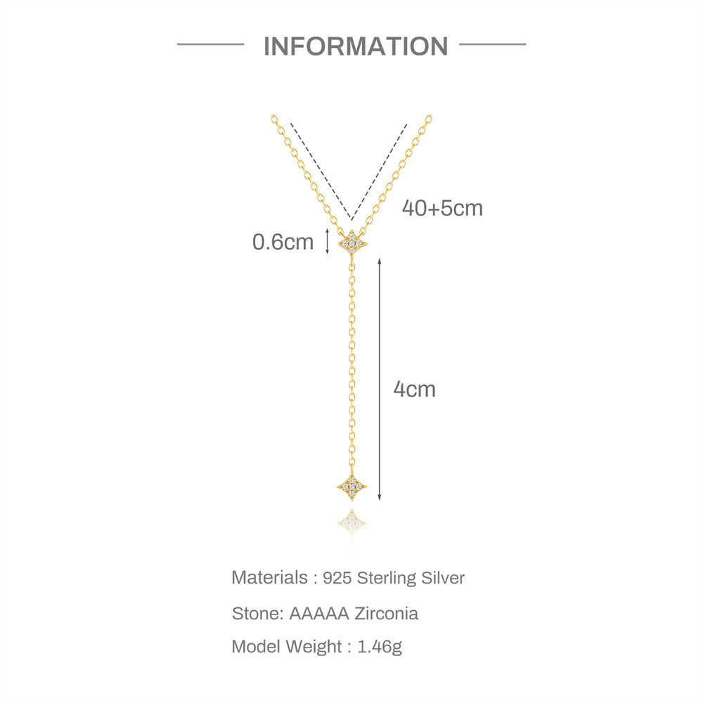 Gold Plated 925 Sterling Silver CZ Four Point Star Y Lariat Necklace