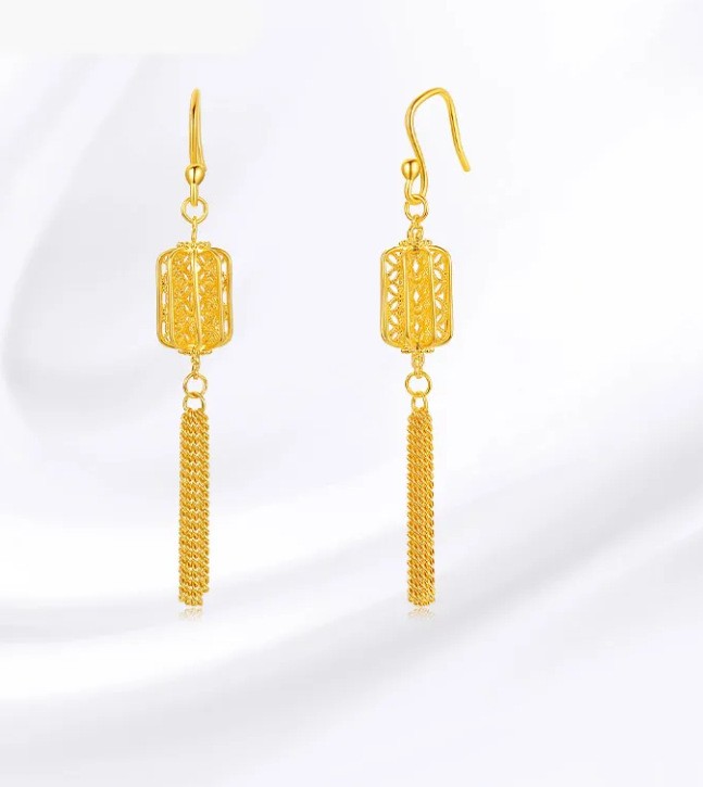 Chinese Style Filigree Lantern Tassel Stud Earrings Hanfu Women