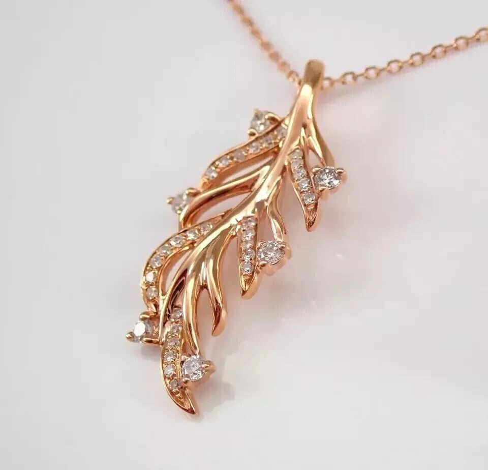 14k Rose Gold Plated In Round Cut Simulated Diamond Stunning Leaf Shape Pendant
