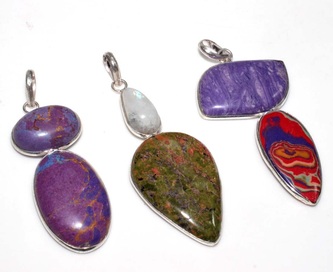 Mosaic Jasper Unakite Gemstone Bezel Setting 3Pcs Pendant 1-3″ JW