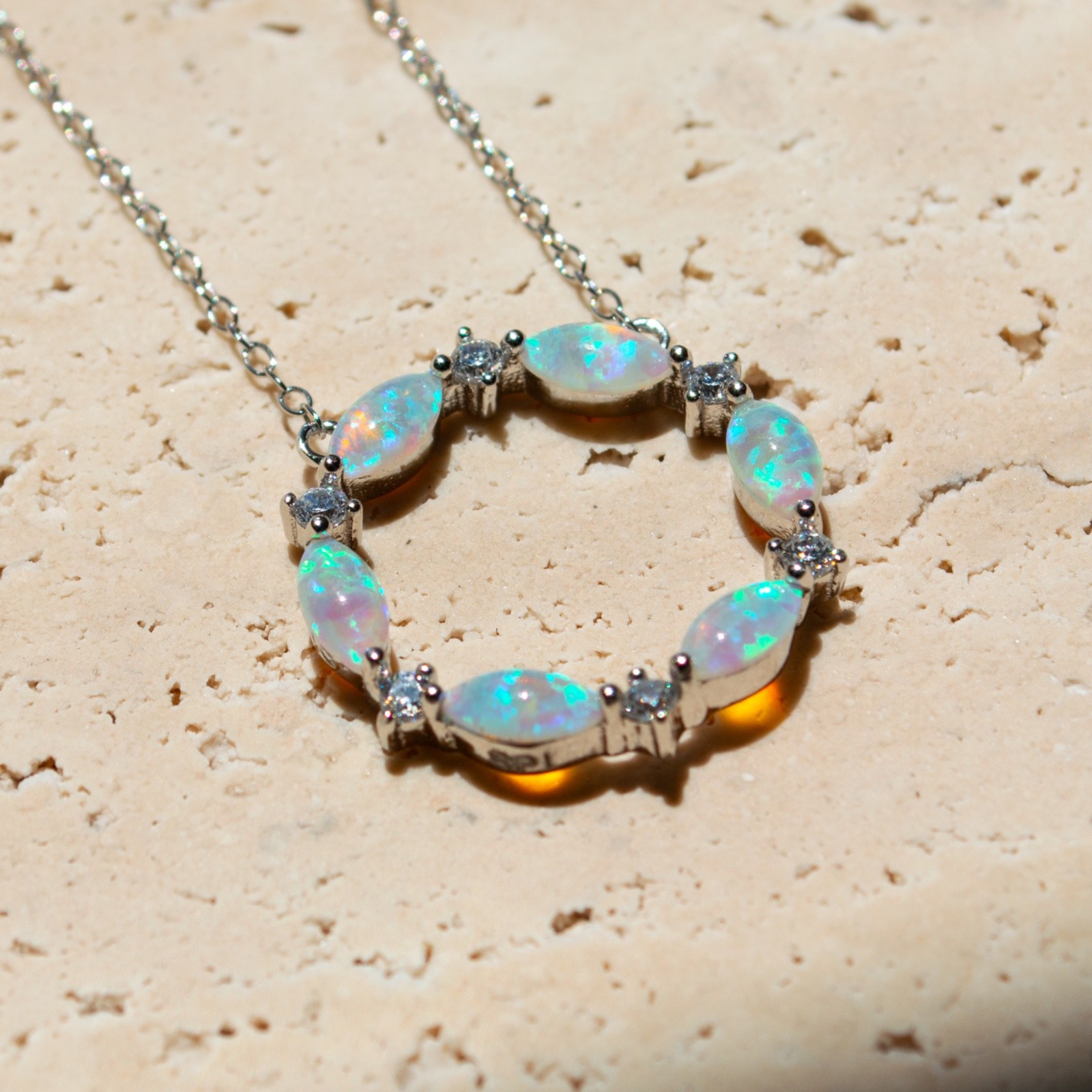 New Rhodium Plated 925 Sterling Silver Circle Pendant Necklace with Opals