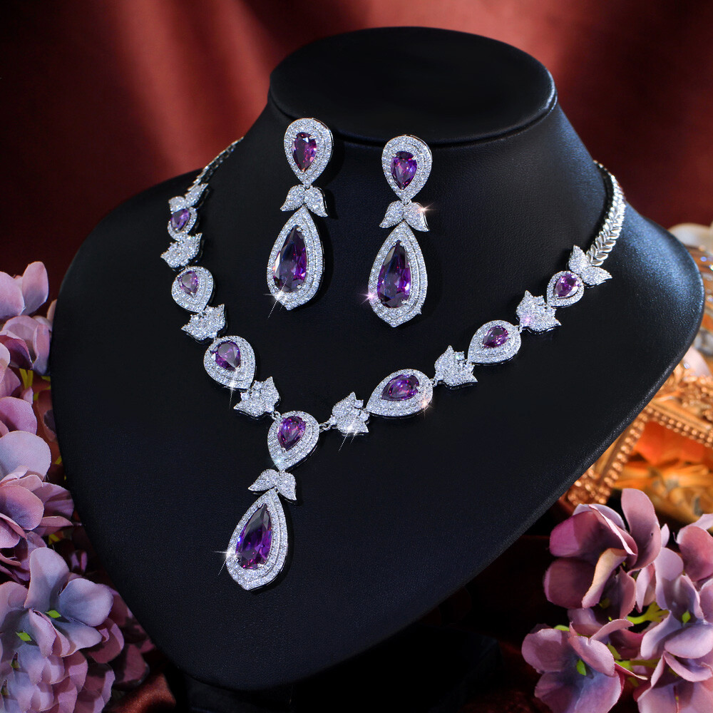 Silver Plated CZ Purple Dangling Drop Leaf Necklace Earrings Pageant Jewelry Set