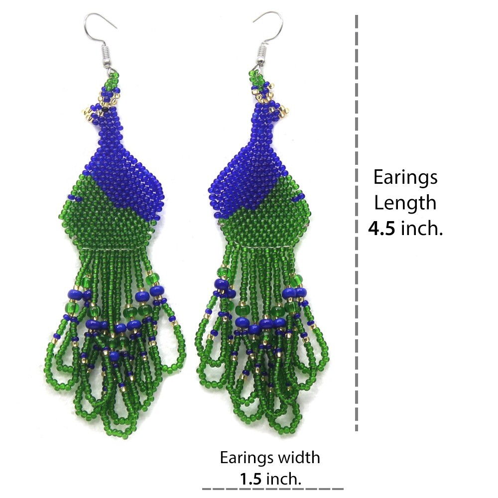 NATIVE STYLE ETHNIC BLUE GREEN PEACOCK BEADED HANDMADE HOOK EARRINGS E4/1