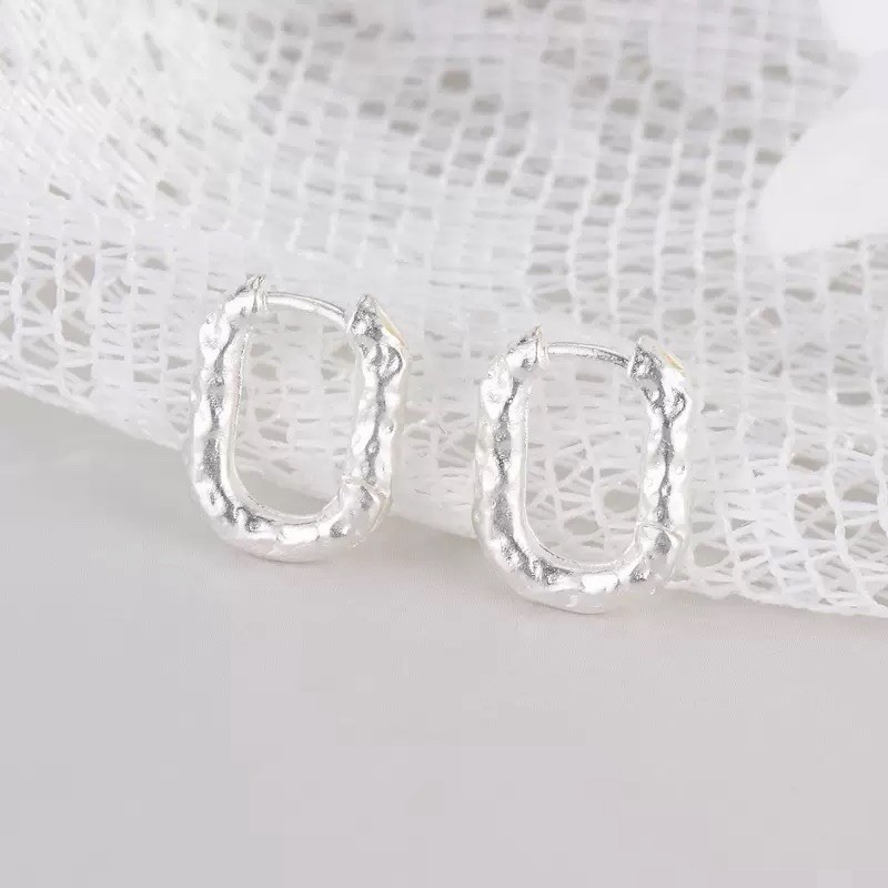 925 Silver Textured Huggie Hoop Earrings 7mm Small Hammered Earrings A47